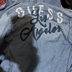 Guess Blue Embroidered  hoodie light Jean Jacket Sz S